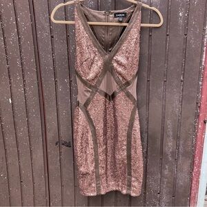 Bronze nude illusion cocktail dress deep V Y2K bebe bandage Sparkle prom XS